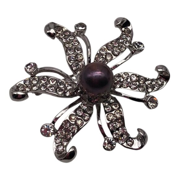 Pearl Stone Fashion Flower Brooch With Rhinestones & Purple Pearl - Picture 1 of 6